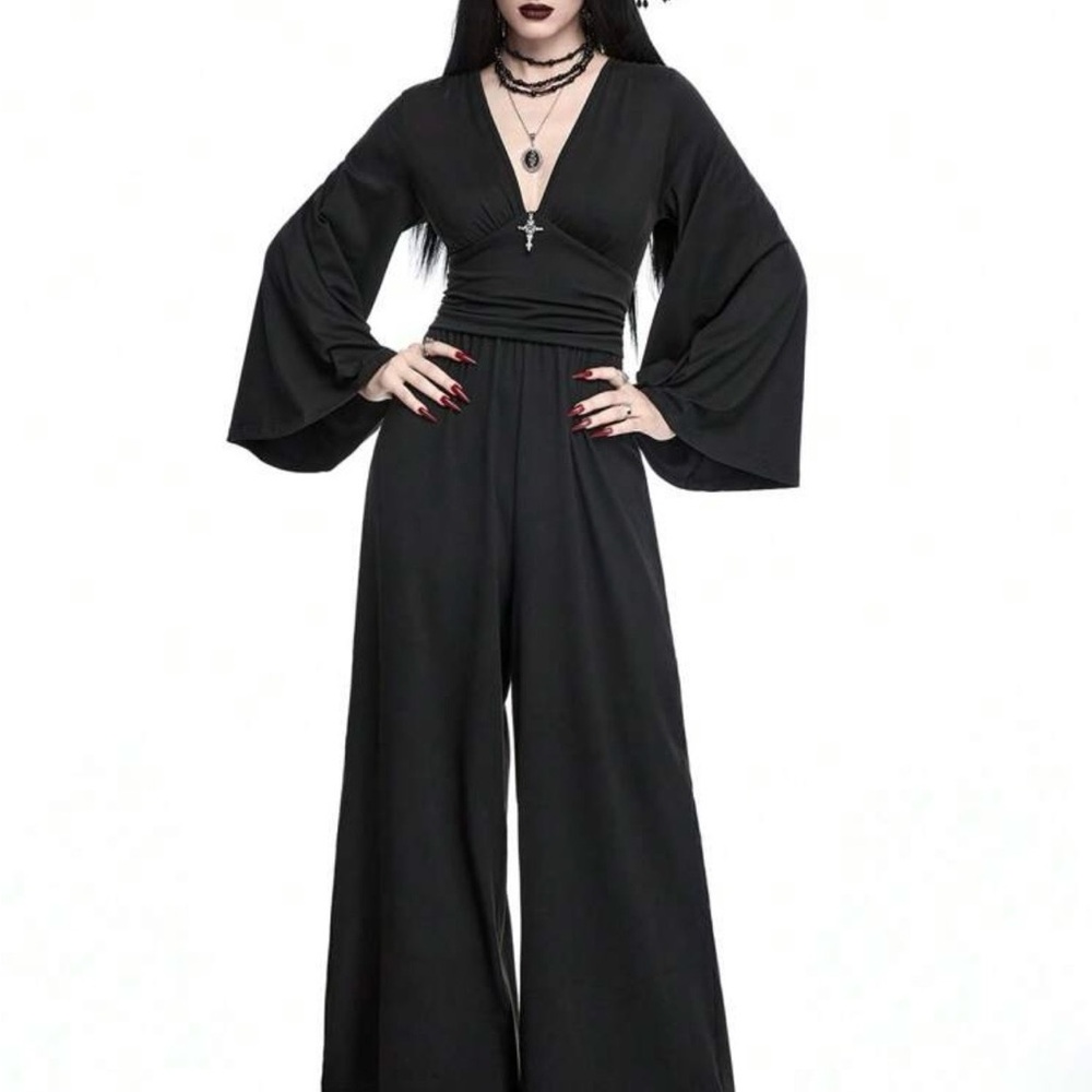 Elegant Gothic Style Metal
Cross Decor Wide Flare Sleeves Slim Fit Jumpsuit